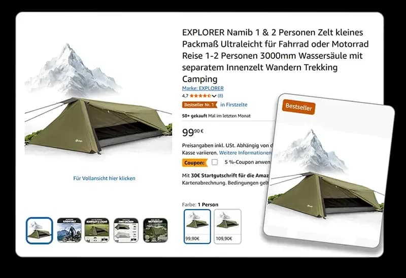 Amazon-Bestseller-Listing für das ultraleichte Explorer Namib Trekkingzelt in Olivgrün