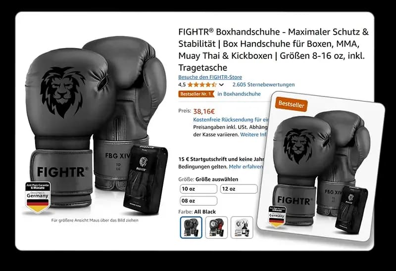 Amazon-Bestseller-Listing für schwarze FIGHTR Boxhandschuhe mit Löwen-Logo und Tragetasche