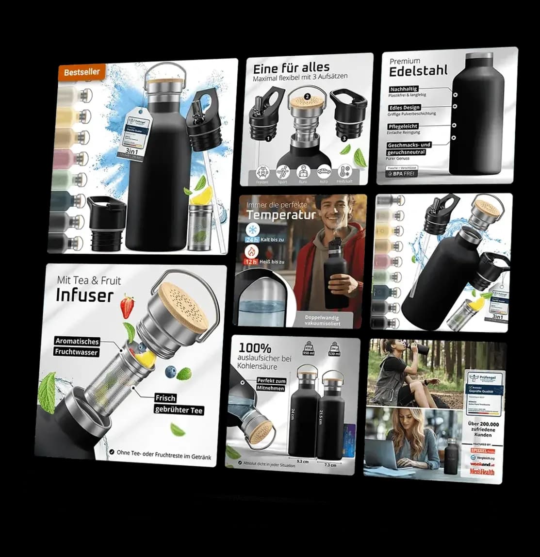 Visual Conversion Portfolio – Amazon Listing Galerie und Infografik-Design für Edelstahl-Trinkflasche