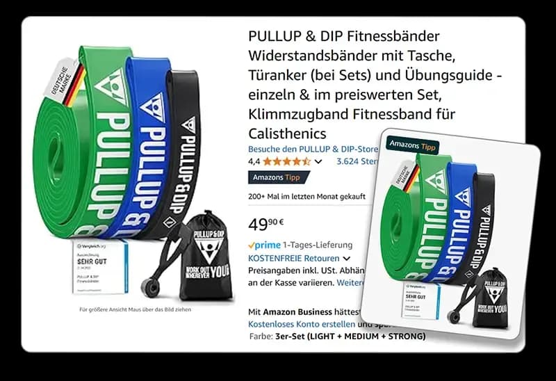 Amazon's-Tipp-Listing für das dreiteilige Pullup & Dip Fitnessbänder-Set mit Türanker und Tasche