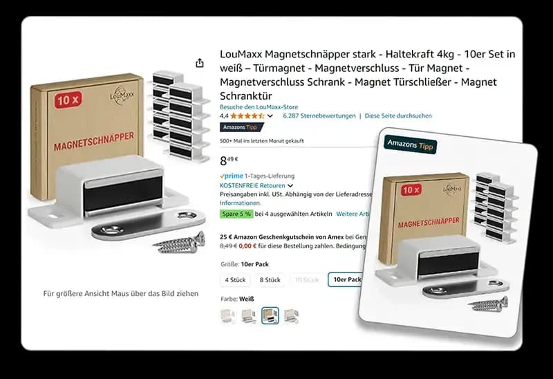 Amazon's-Tipp-Listing für das LouMaxx Magnetschnäpper 10er-Set in Weiß mit Gegenplatte und Schrauben