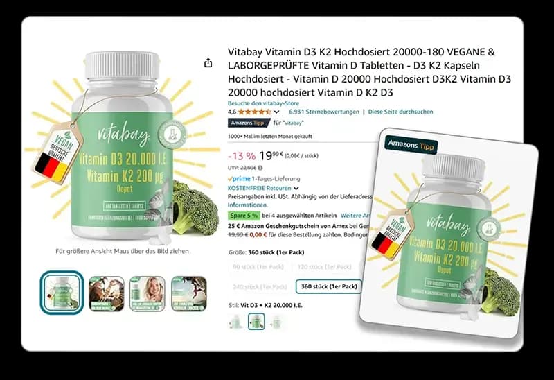 Amazon's-Tipp-Listing für Vitabay Vitamin D3 K2 Depot-Tabletten in der weißen Dose